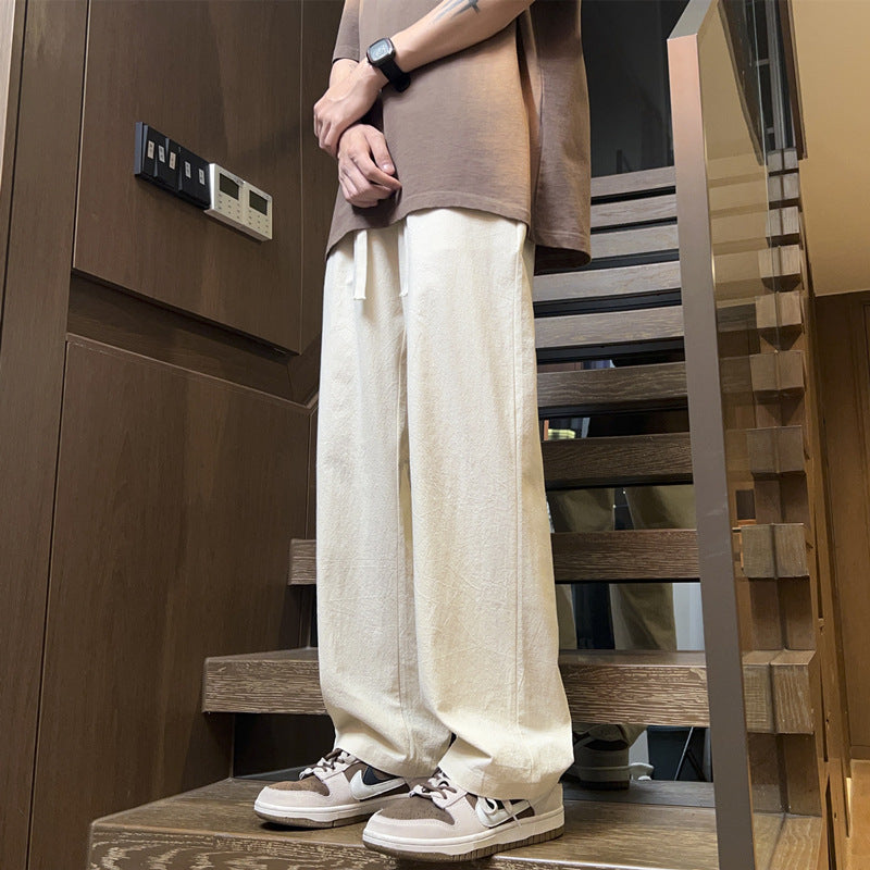 Apricot cotton and linen pants, men's summer thin sweatpants, loose straight slacks, ice silk wide-leg pants, linen women's pants