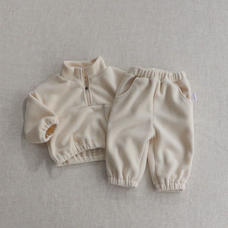 2025 Fall/Winter Baby Double-Sided Fleece Stand Collar Sports Set Baby Fleece Set Baby Wear Two-Piece Outer Set