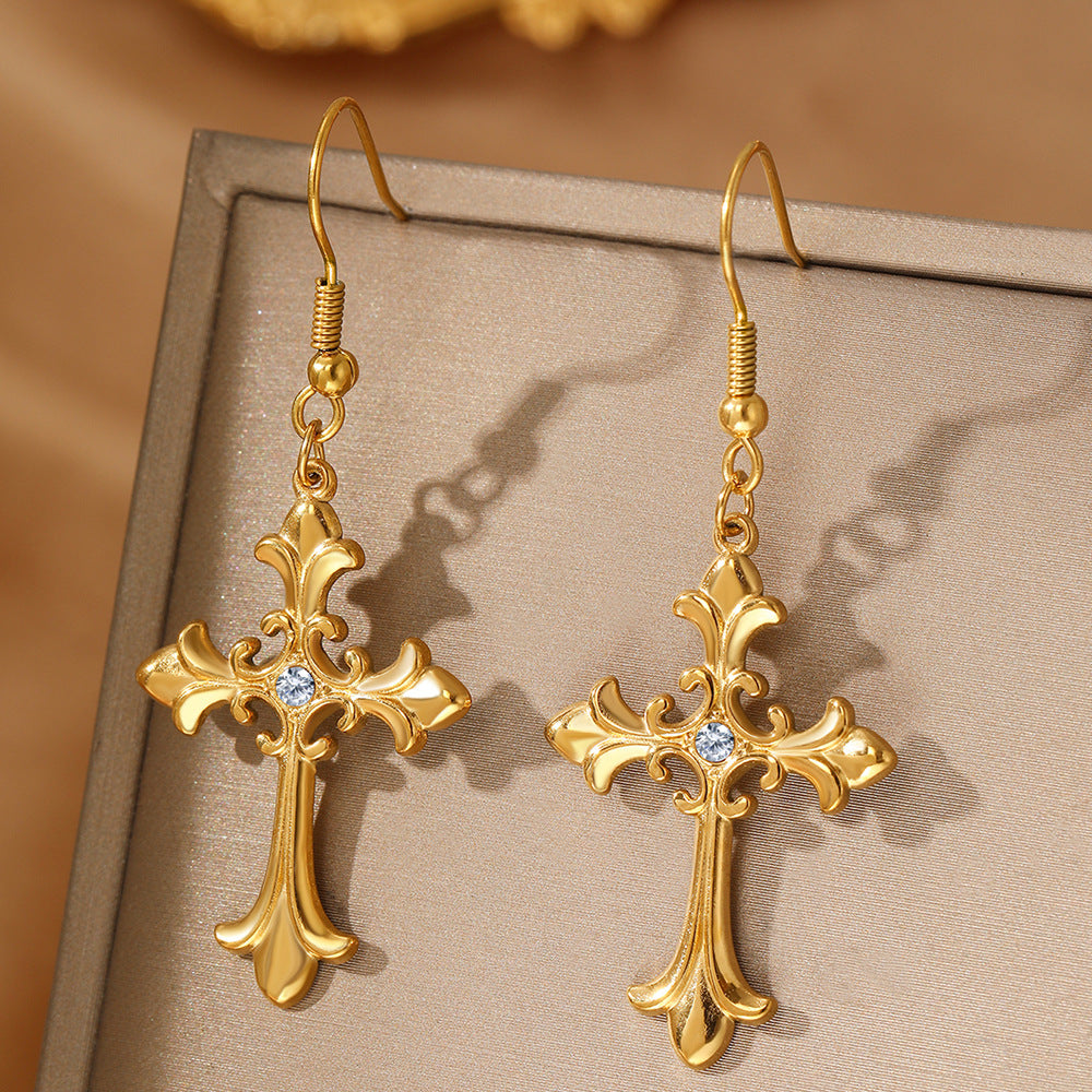 European and American cross-border hot selling gothic style vintage cross pendant earrings personalized trend versatile stainless steel ear clips