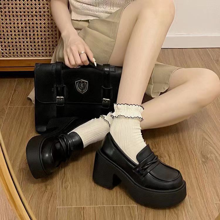 Black British style versatile high heeled platform small leather shoes women's 2024 new summer slip-on increase high loafer single shoes
