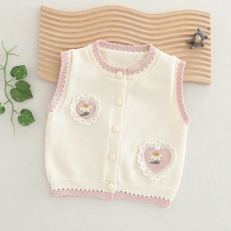 Baby girl knitted vest 2025 spring wear outer wear girls' spring sweater vest baby cardigan shoulder