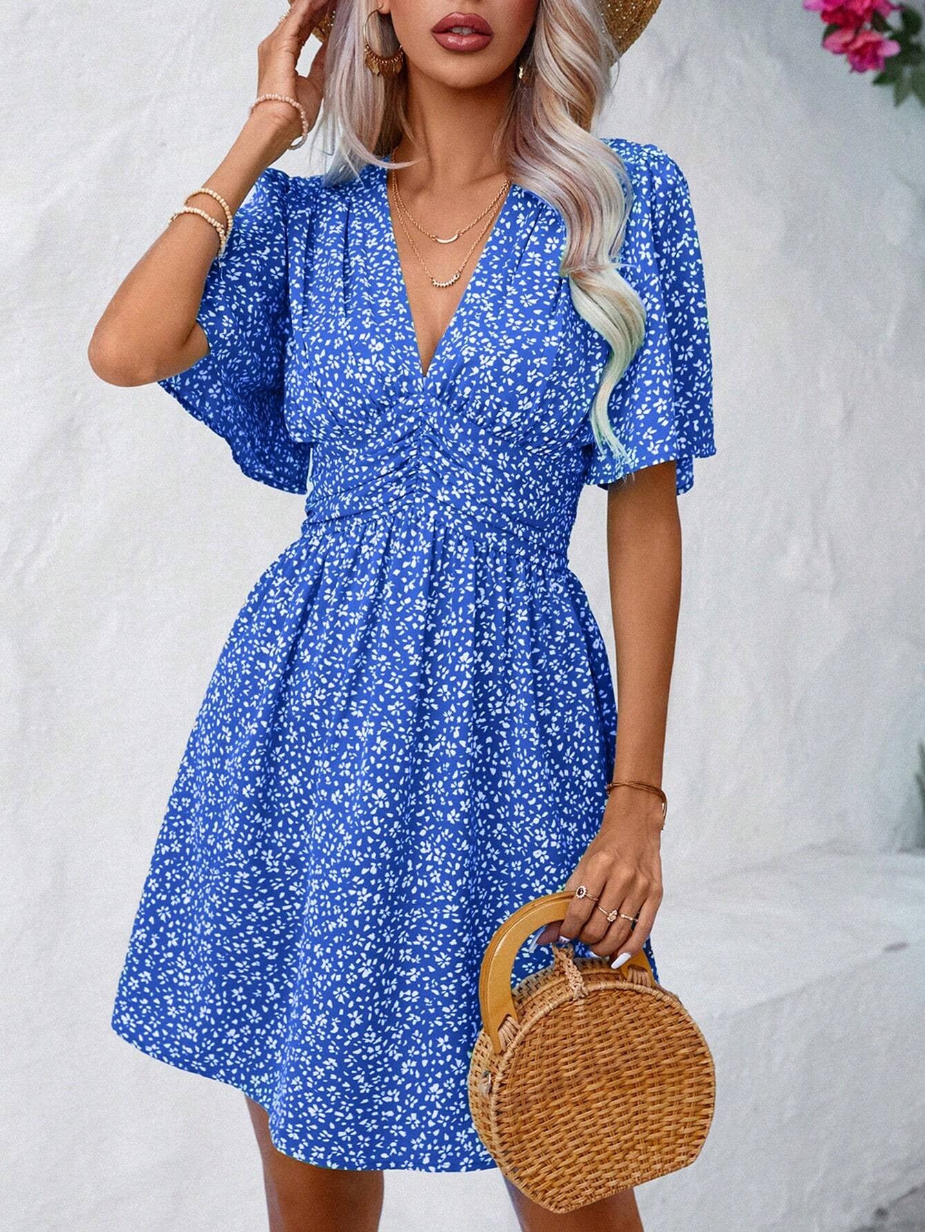 2025 European and American Amazon cross-border women's summer new V-neck mid-sleeve printed high-waisted floral pleated dress