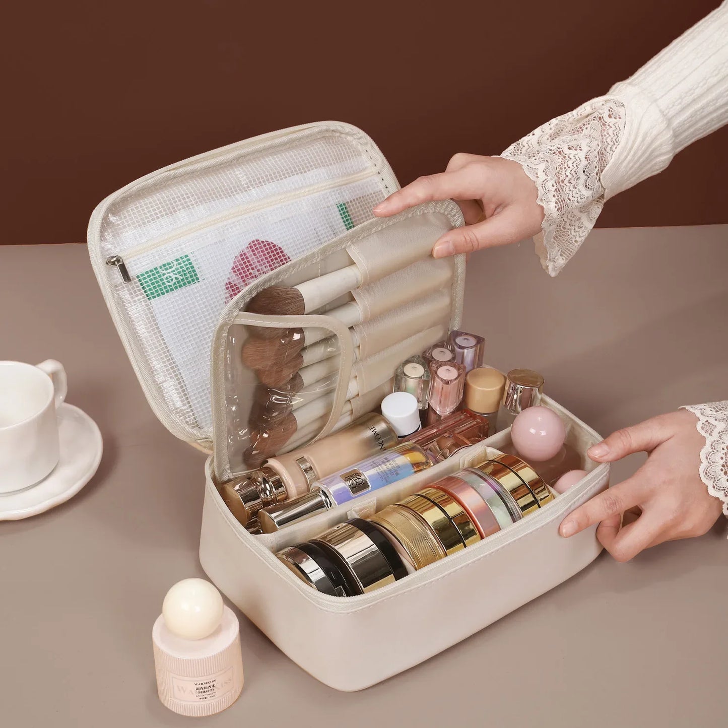 PU waterproof cosmetic bag partition layered three-dimensional non-collapse female large-capacity storage bag portable toiletry bag one batch