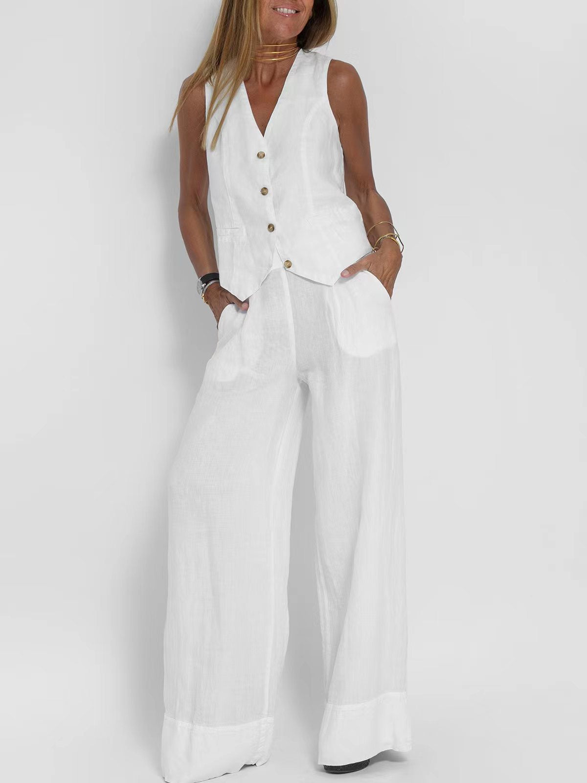 2024 European and American cross-border hot sale new fashion vest trousers, collage stitching, pure sleeveless color temperament casual suit