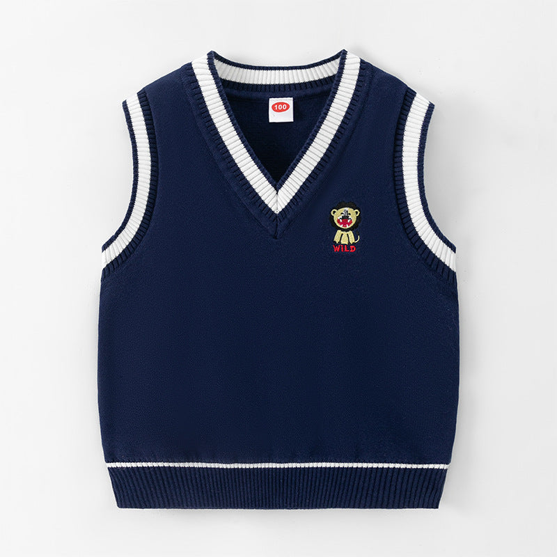 Children's knitted vest 2025 autumn and winter new boys' hair academy wind cord vest baby V neck sleeveless sweater trend