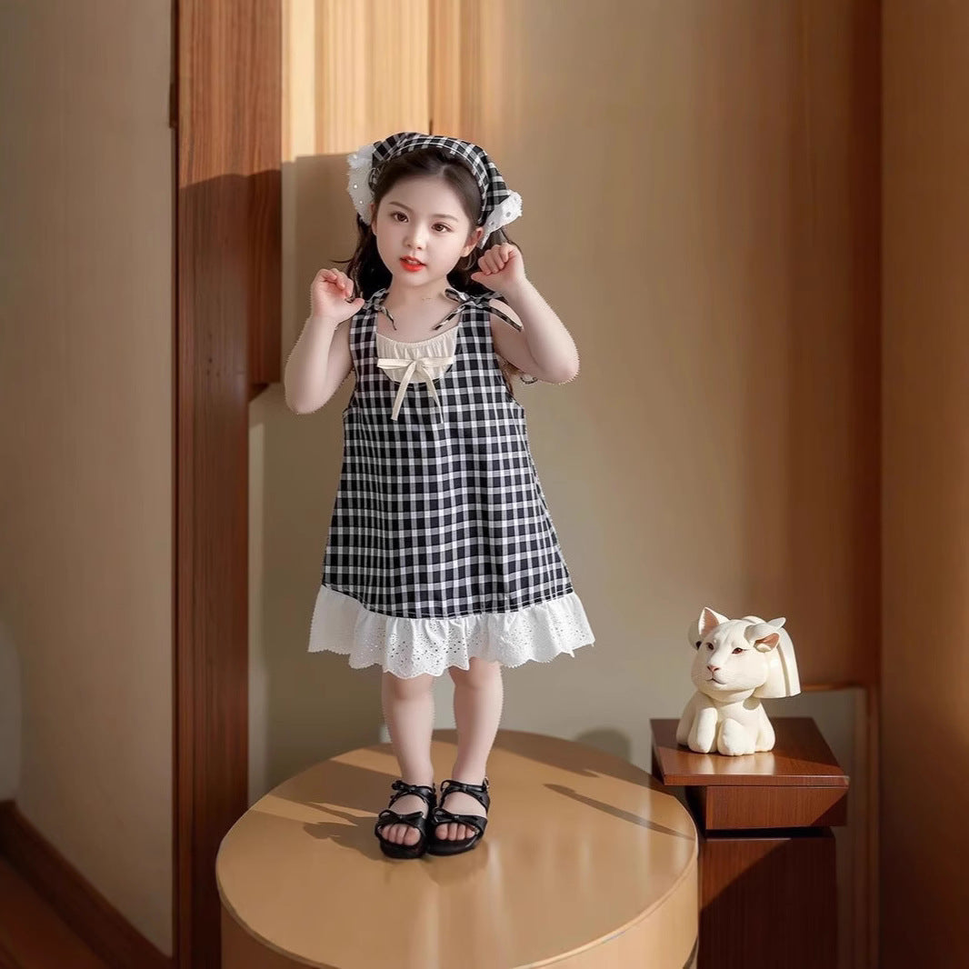 2025 New Summer Girls Girls Children's Sleeveless Lace Plaid Skirt Red Princess Foreign Style Dress Plaid