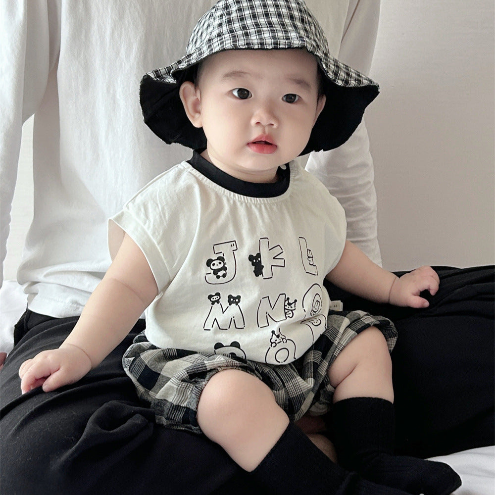 Summer T-shirt two-piece set men's treasure handsome men's and women's children's clothing alphabet plaid shorts set cotton kids short sleeves