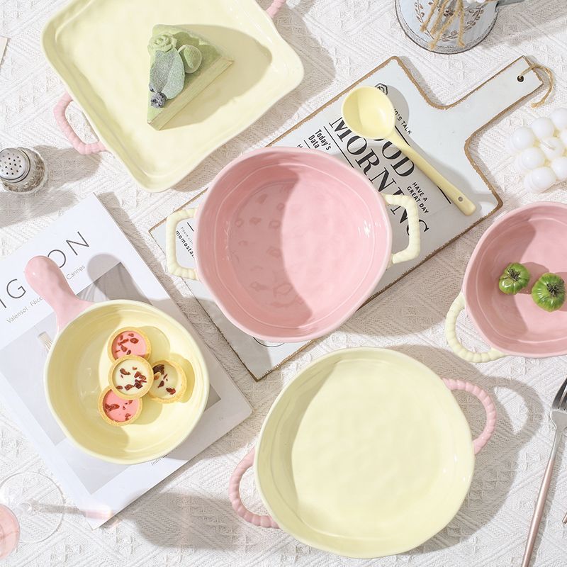 ins color-blocked ceramic handle bowl baking bowl with handle instant noodle bowl with handle atmosphere sense of high value salad fruit yogurt bowl
