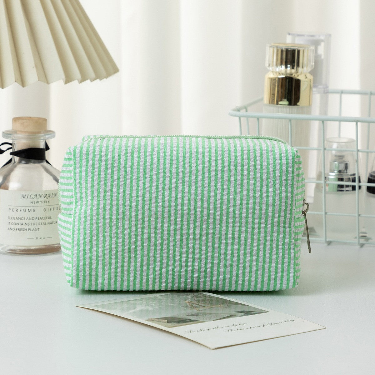 Cross-border hot selling seersucker cosmetic bag hand holding large capacity toiletry bag embroidered stripe travel cosmetics storage bag