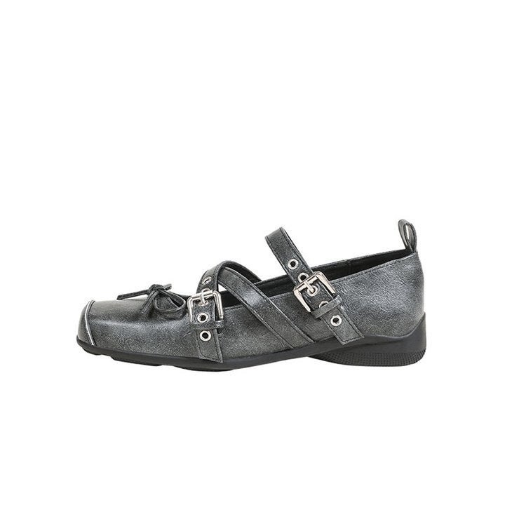 Cowhide version cross belt buckle casual sports sole ballet shoes women's flat pignose bow Mary Jane single shoes