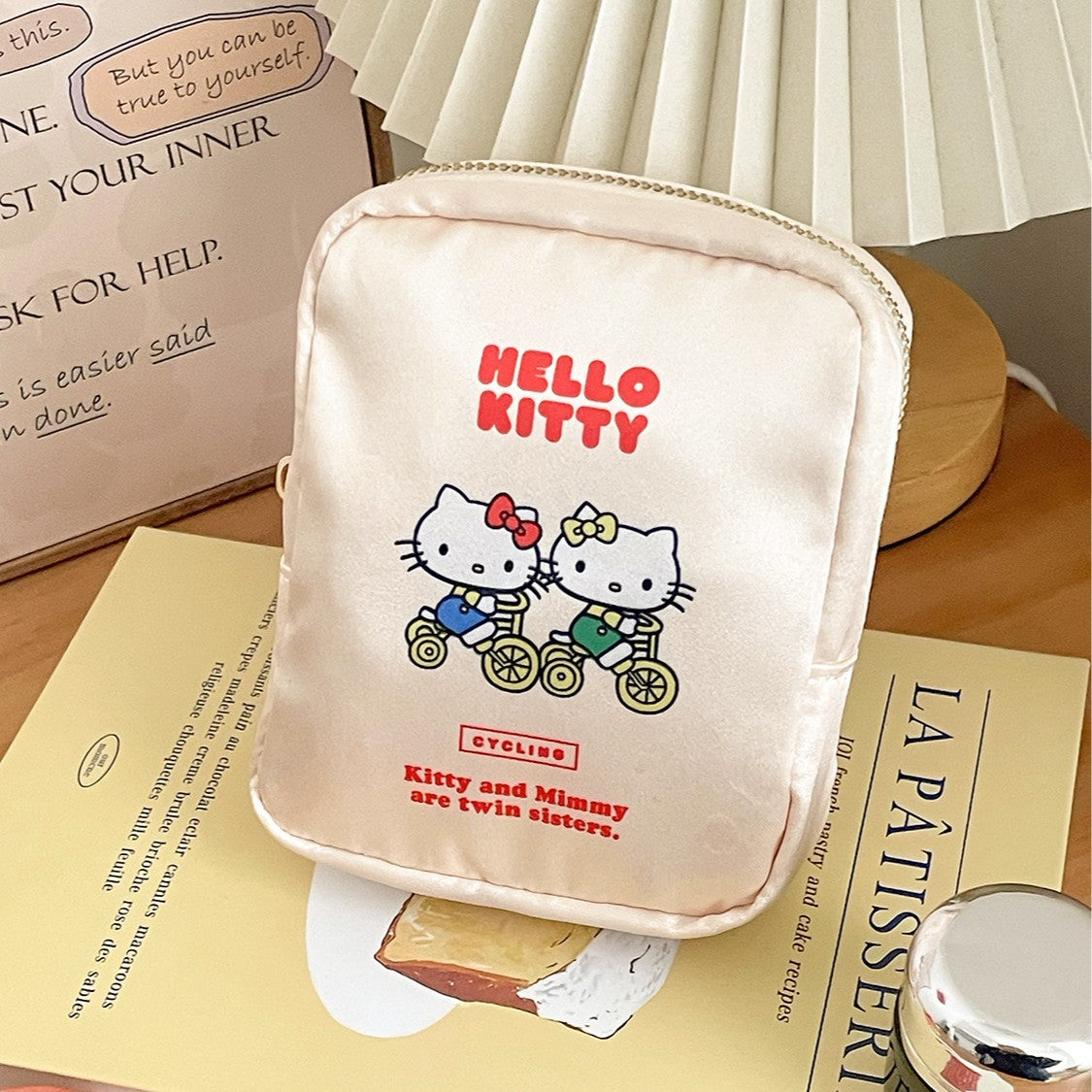 Satin kt cat makeup bag cute cartoon beige print storage bag for travel portable toiletry bag