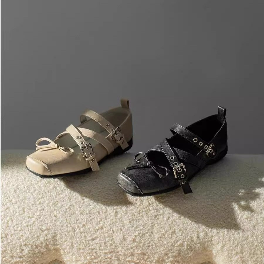 Cowhide version cross belt buckle casual sports sole ballet shoes women's flat pignose bow Mary Jane single shoes