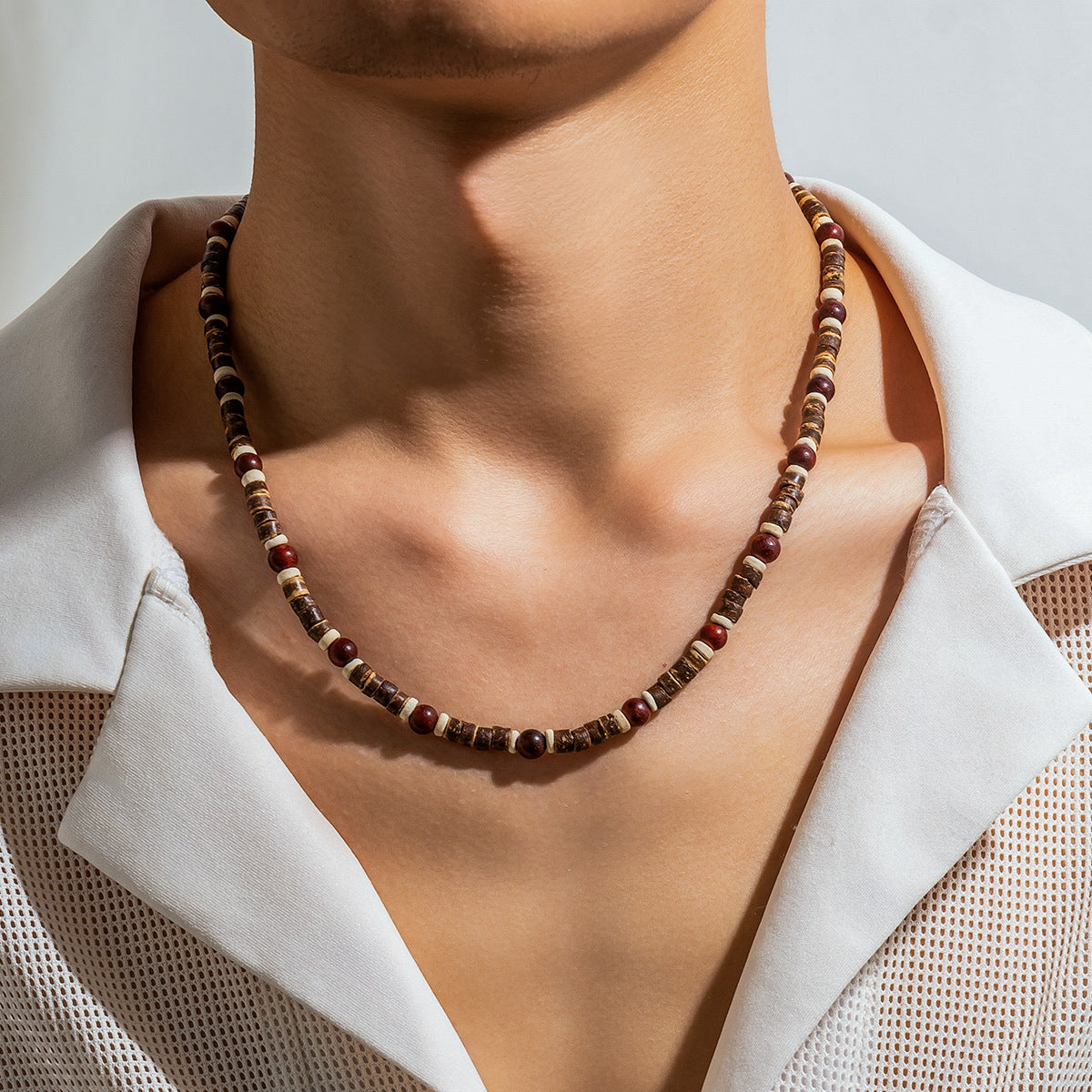 European and American cross-border jewelry men's bohemian wooden bead splicing beaded necklace niche versatile simple necklace men