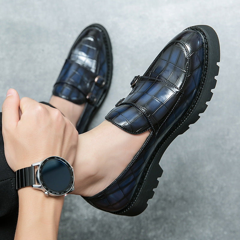 2023 new size double pin buckle loafers men's patent leather shiny block heel platform sole heightened hairstylist casual leather shoes