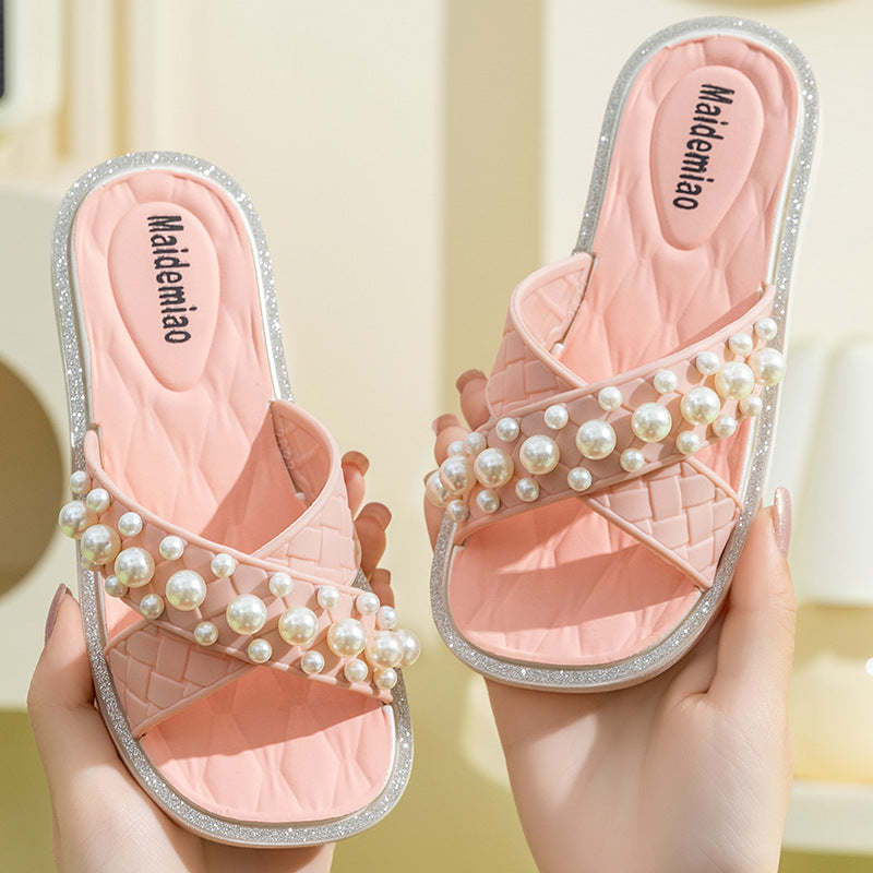 2025 New Kids Fashion Pearl Slippers Wholesale Summer Wear Non Slip Girls Indoor Soft Sole Princess Flip Flops