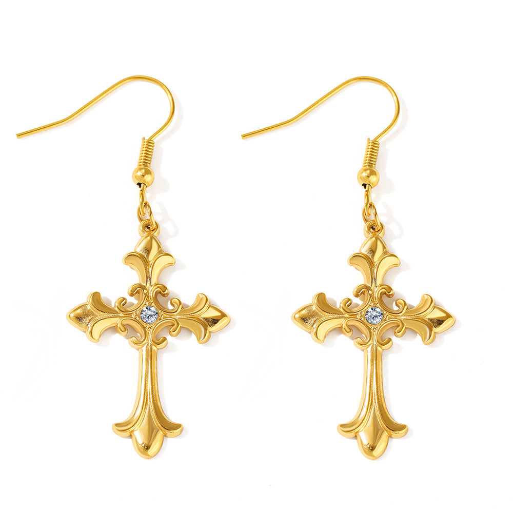 European and American cross-border hot selling gothic style vintage cross pendant earrings personalized trend versatile stainless steel ear clips