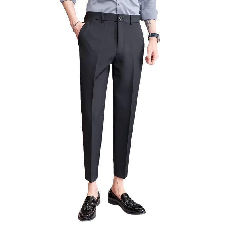 Foreign trade cut label small suit pants men's cropped slim straight slacks, ice silk men's drape black suit pants
