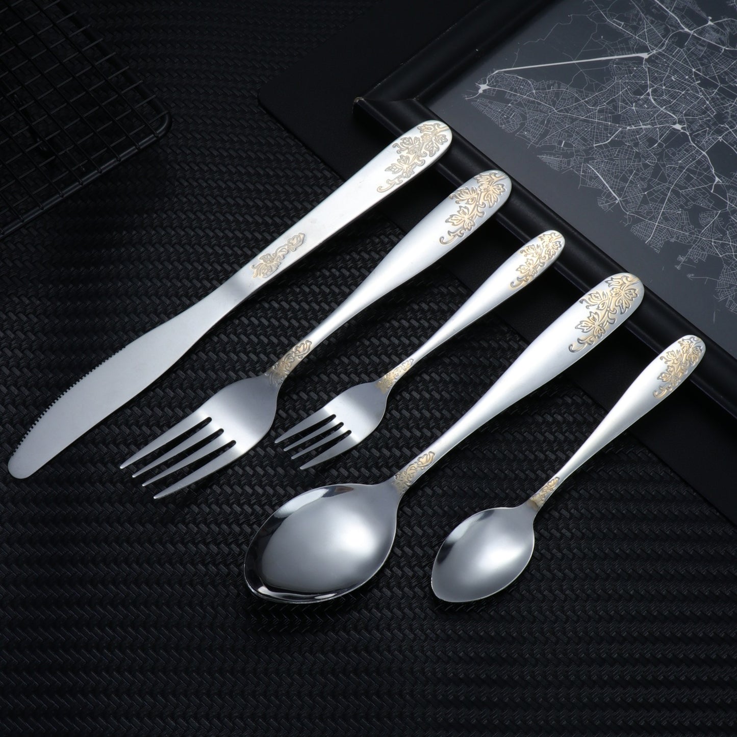 Amazon AliExpress cross-border hot selling morning glory series stainless steel tableware gold-plated knife, fork and spoon set food grade