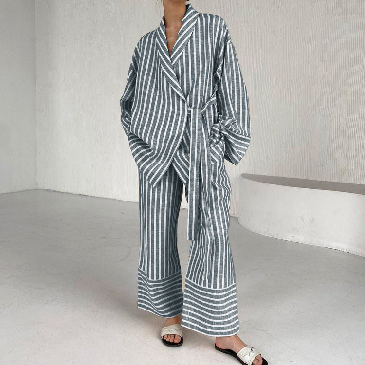 European and American women's clothing 2025 autumn new striped long sleeve loose lace-up top, high waist trousers, fashion casual suit