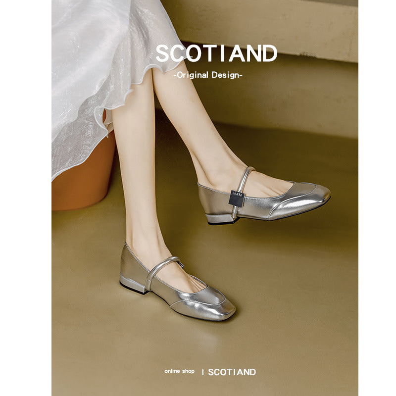 Silver Mary Jane Shoes Women's Square Toe French Line With Block Heel Temperament Gentle Shallow 2024 New Single Shoes Flat Sole