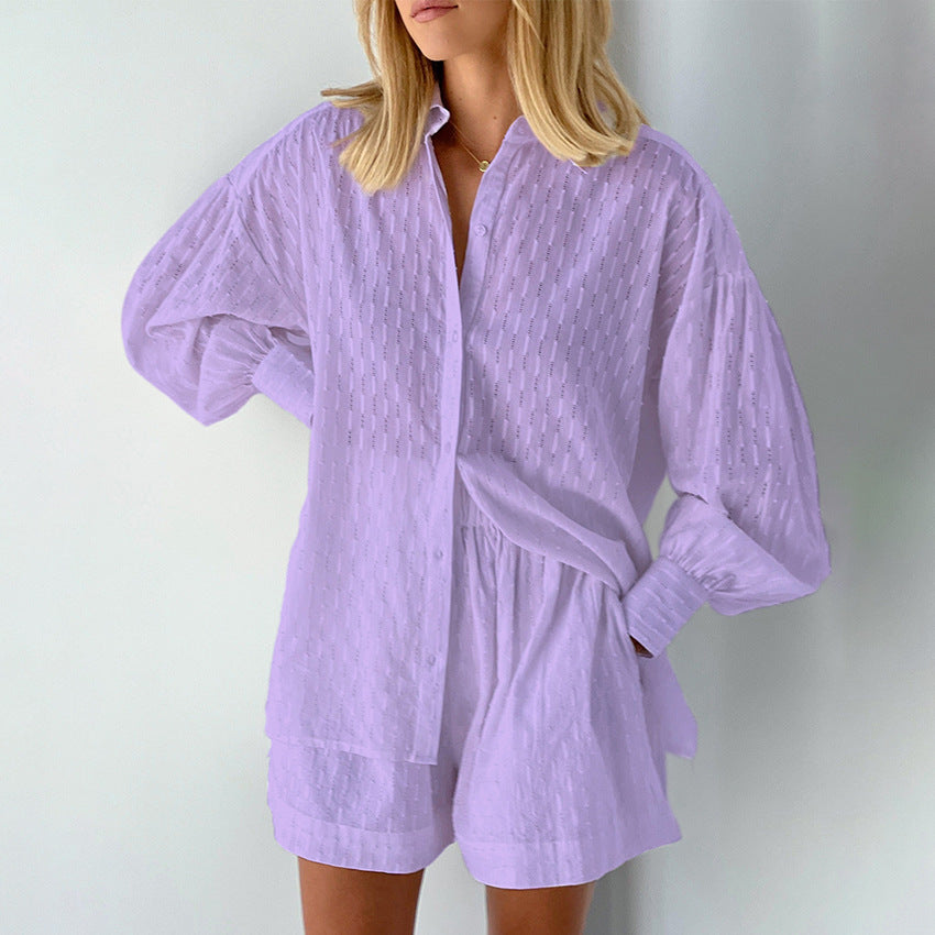 2024 summer women's European and American shirts, jacquard puff sleeves, temperament tops, shorts, commuting design, sense of casual suit