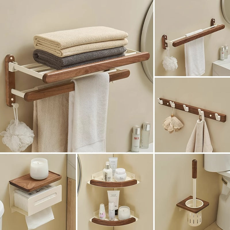 Walnut Maillard style shelf, towel rack set, bathroom foldable aluminum alloy shelf, bath towel rack