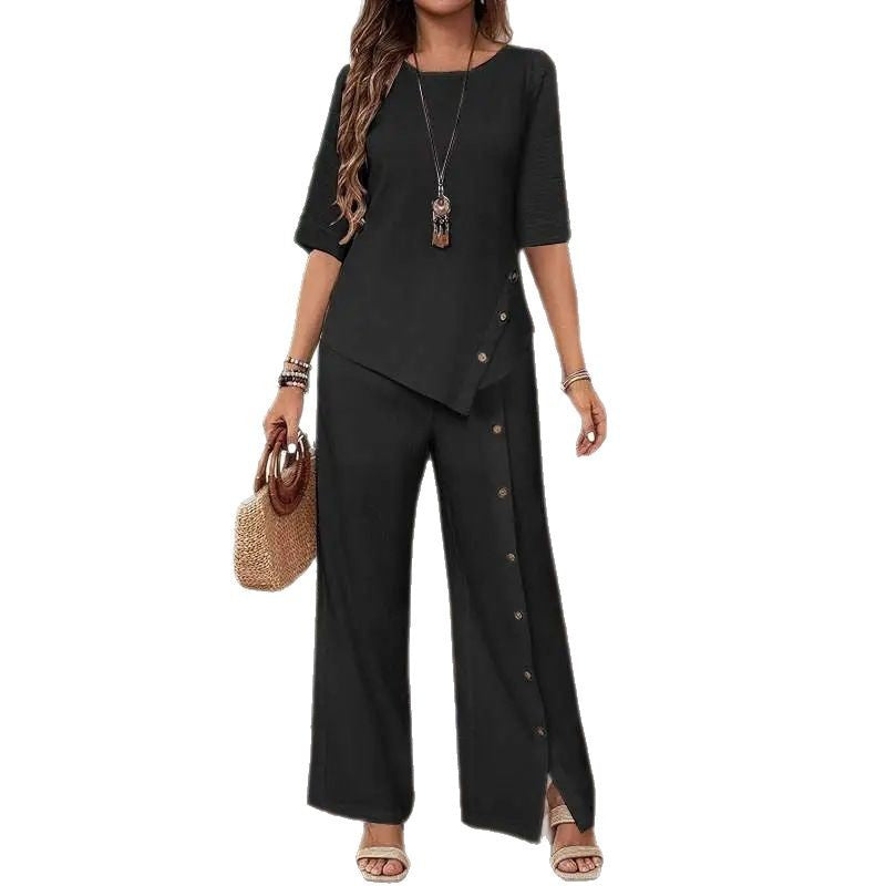 2025 Women's Irregular Hem Trousers Set Elegant Fashion Casual Buttoned Half Sleeve Shirt Loose Two-Piece Set