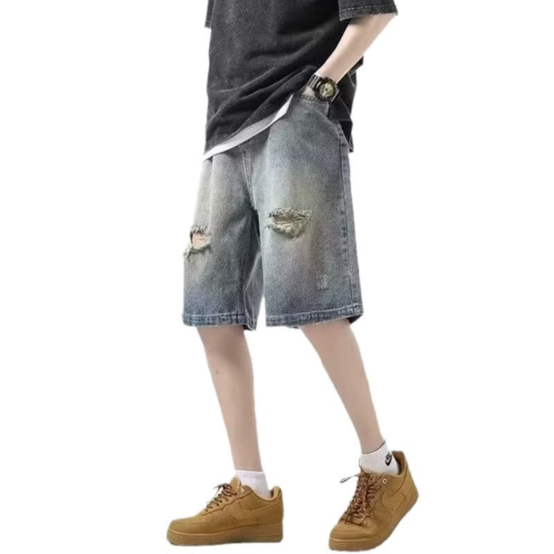 Ripped denim shorts, men's summer thin American high street fashion brand wear straight pants, handsome casual five-point pants