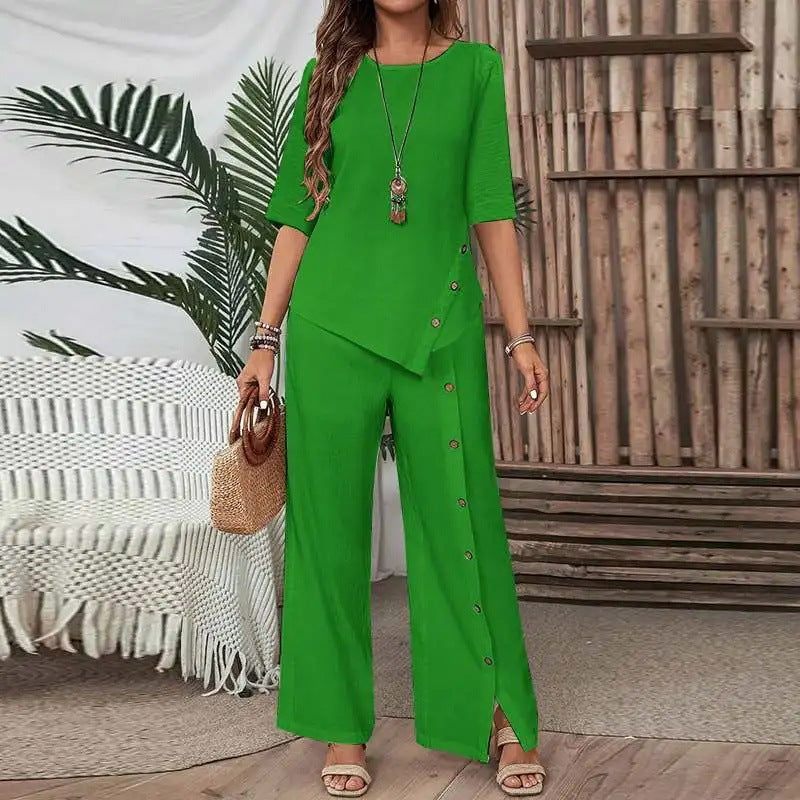 2025 Women's Irregular Hem Trousers Set Elegant Fashion Casual Buttoned Half Sleeve Shirt Loose Two-Piece Set