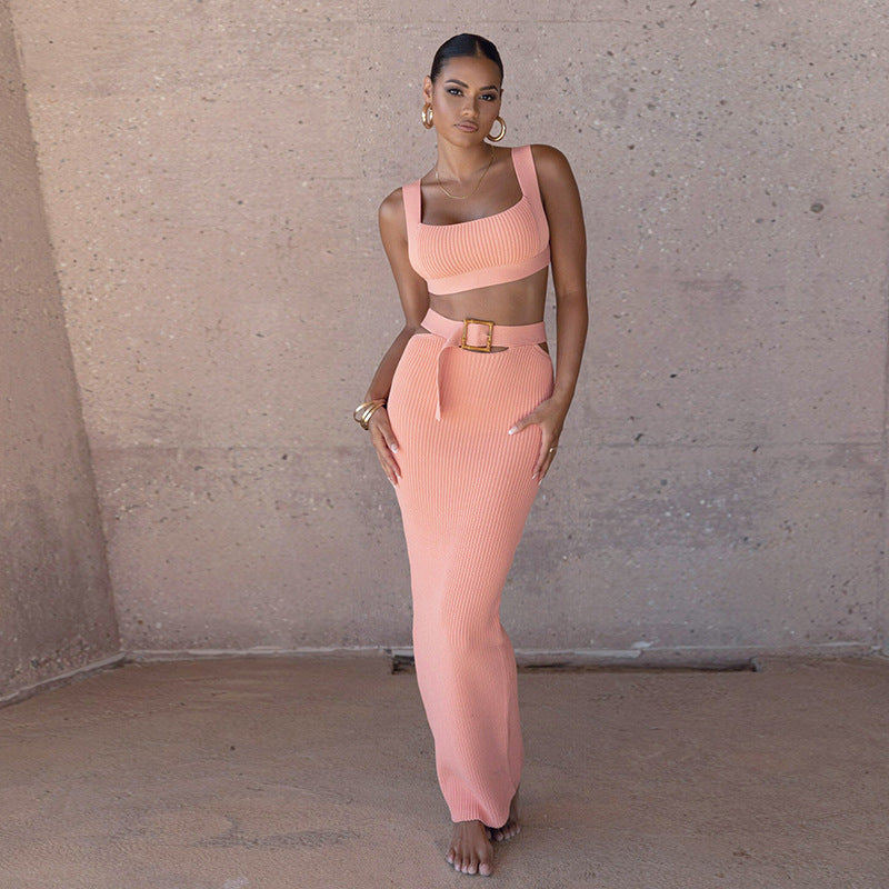 Temu long skirt casual two-piece set sexy hip slim suspender top belt temperament skirt set