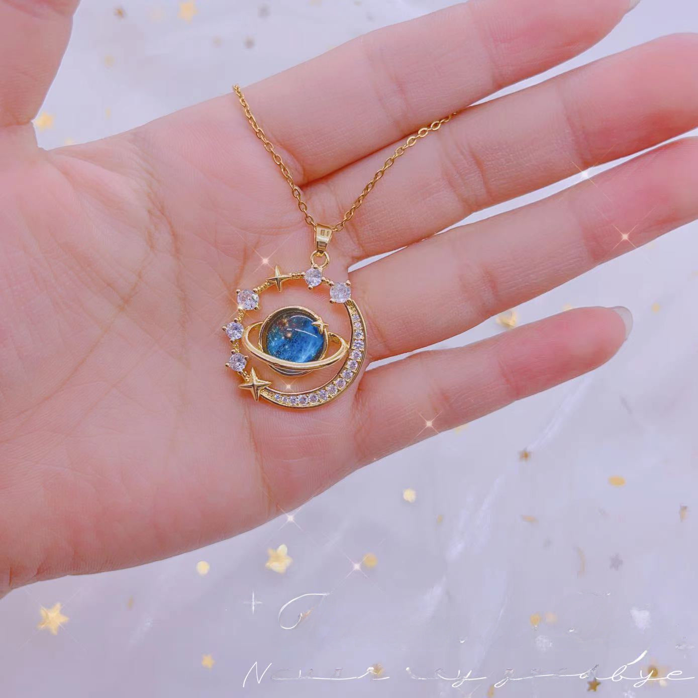Starry Sky Planet Light Luxury Temperament Gorgeous Full Diamond Necklace Women's Versatile Clavicle Necklace Temperament Light Luxury Niche Design Sense