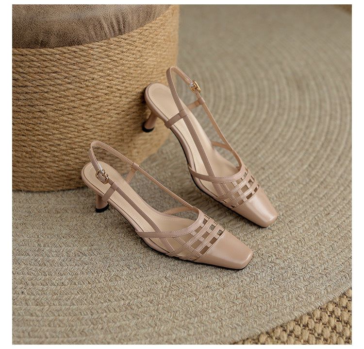 Giant thin ~ soft leather French baotou hollow sandals women's 2025 summer apricot color versatile woven hollow stiletto heels