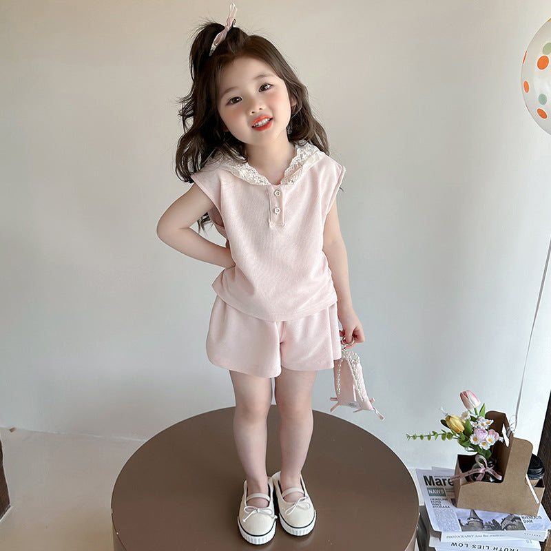 Girls' summer vest set 2025 new foreign style children's lace sleeveless two-piece set baby summer clothes trend