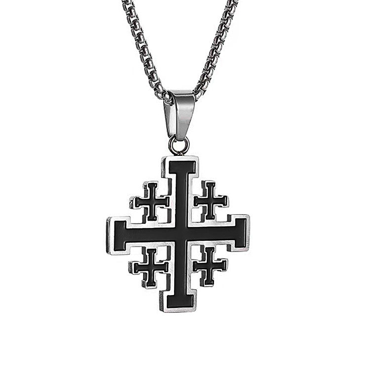 Explosive Retro Versatile Dripping Oil Black Cross Necklace Men's European and American Hip Hop Long Stainless Steel Sweater Accessories