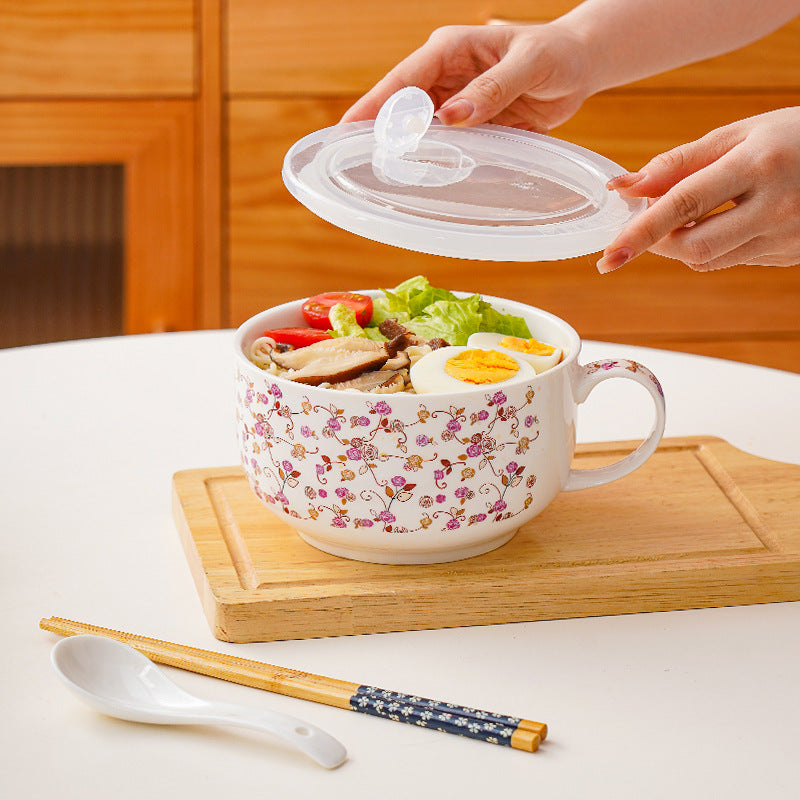 Wholesale instant noodle bowl with lid, high value, small fresh ceramic instant noodle bowl can be microwaved for office workers to play rice bowls