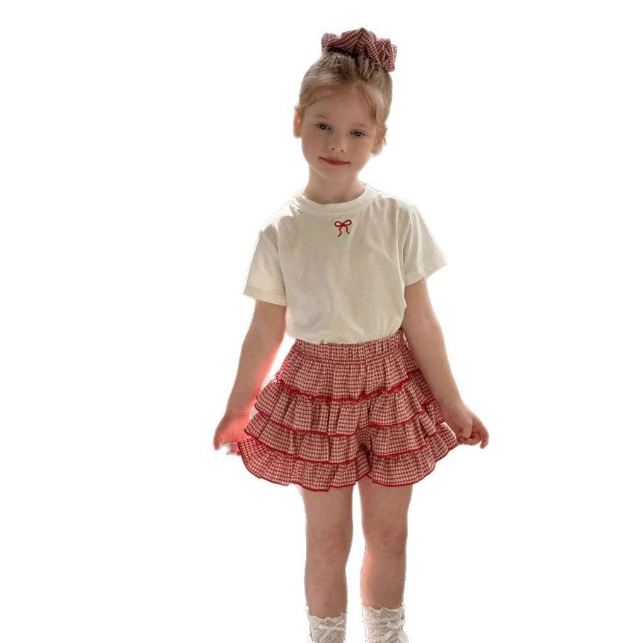 Girls' culottes and pants set 2025 summer new children's embroidered bow T-shirt baby plaid shorts two-piece set