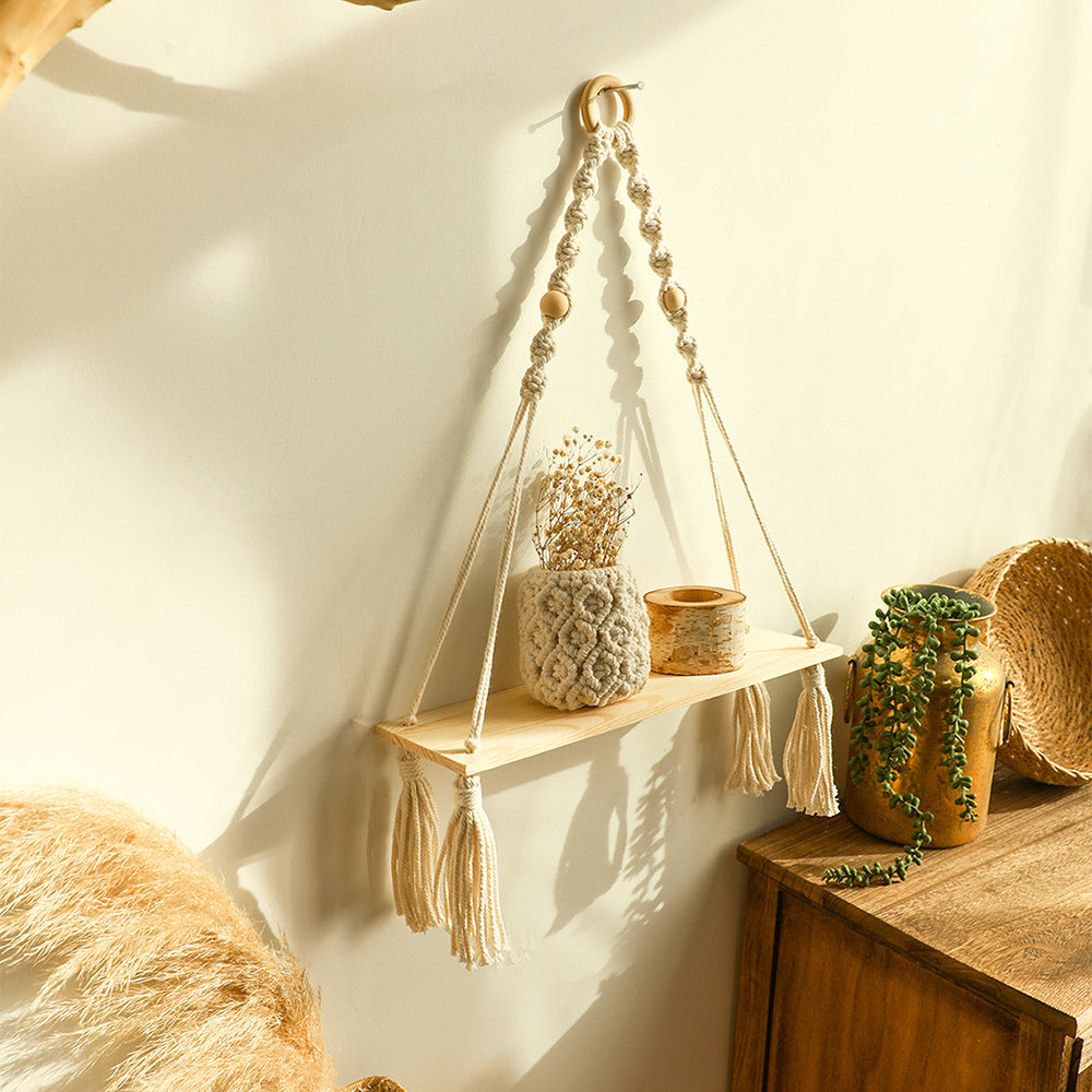 Pomesia hand-woven fringed wooden bead flower pot shelf simple homestay living room home wall pendant