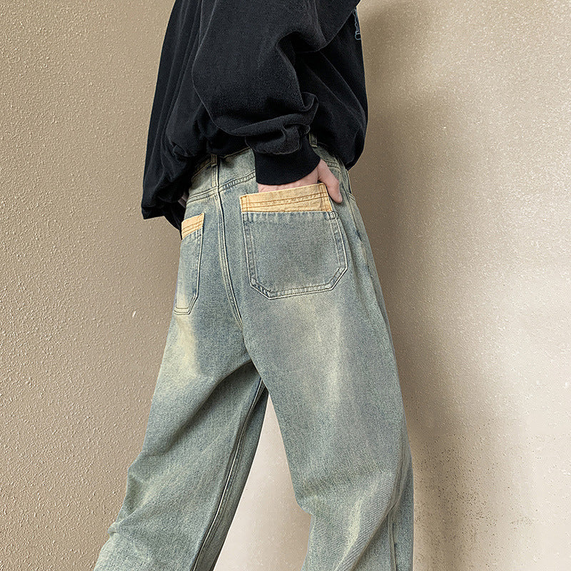 American retro jeans, men's autumn high street vibe pants, belt straight, loose national trend wide-leg pants