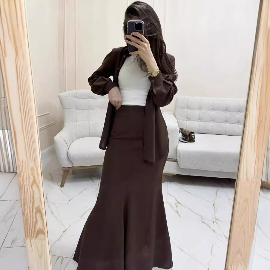 2024 cross-border foreign trade new women's fashion suit, solid color linen cotton fabric lapel top, long skirt