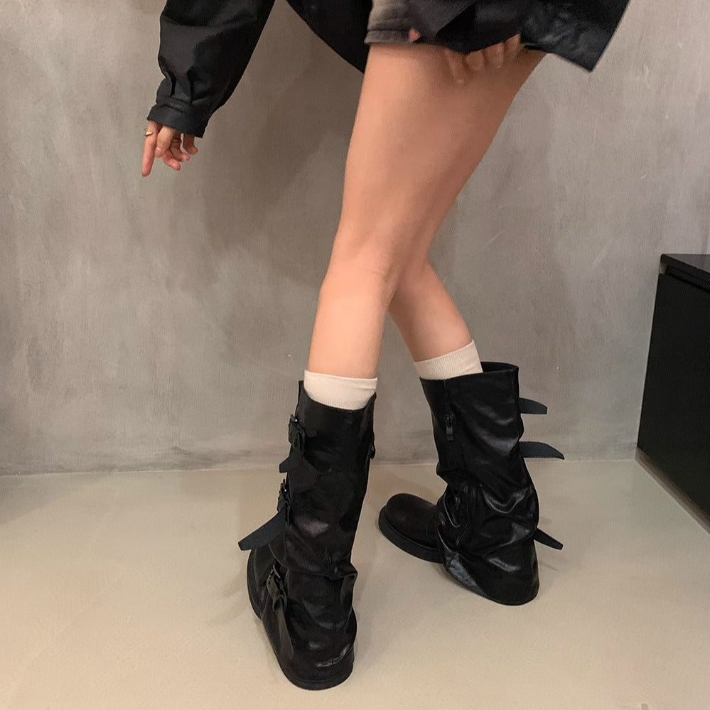 Niche vintage block heel mid-height boots, western cowboy pile boots, rider boots, early fall martin boots, French women's boots
