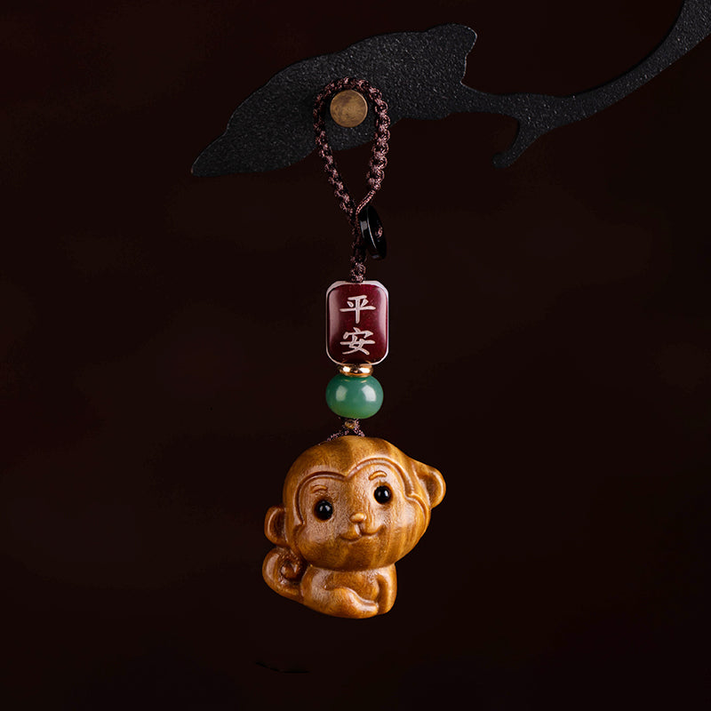 Sandalwood zodiac monkey car keychain pendant delicate and cute safe mobile phone chain pendant male and female couple little monkey gold