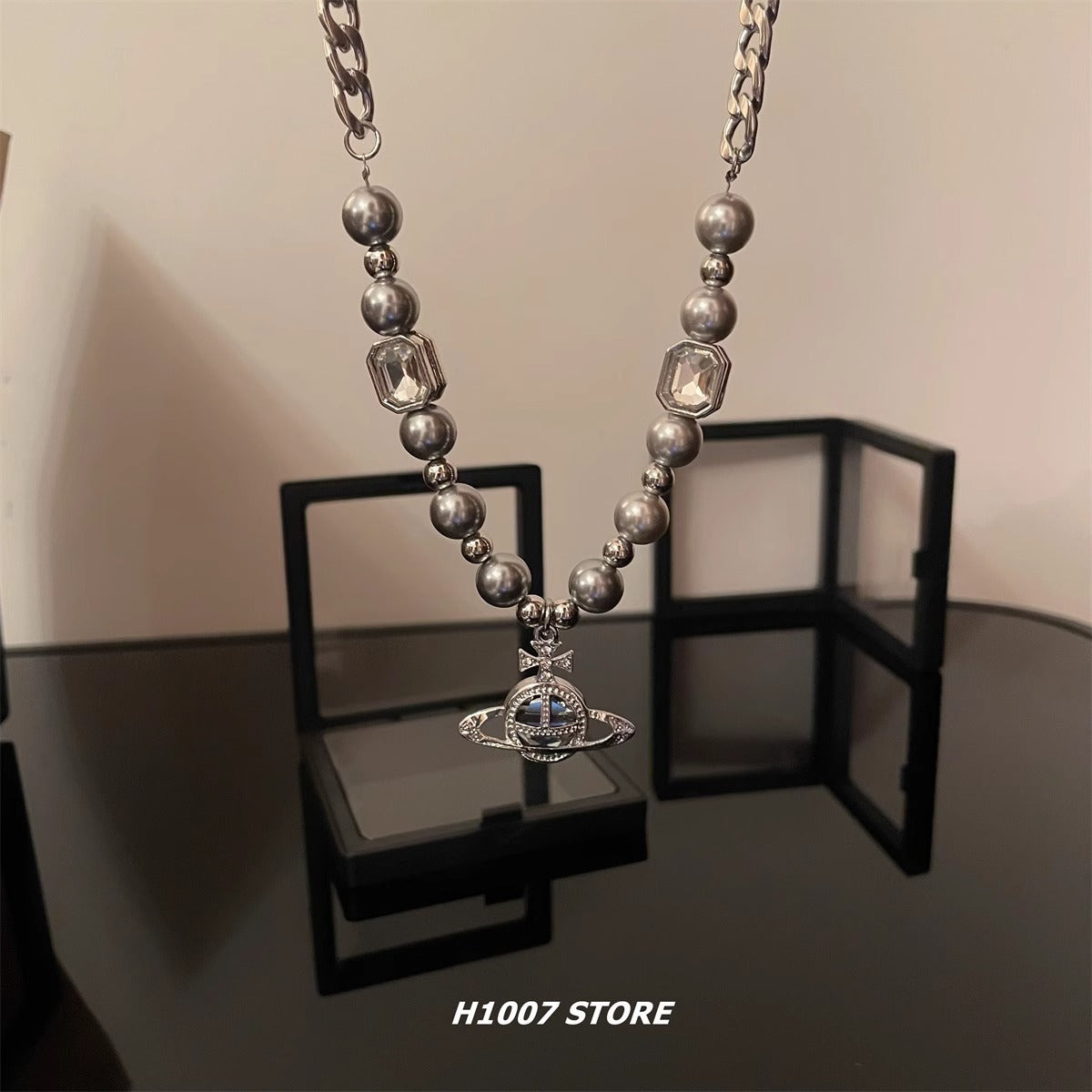 Planet beaded stitching men's necklace girls cold style hip hop niche design high-end couple sweater chain