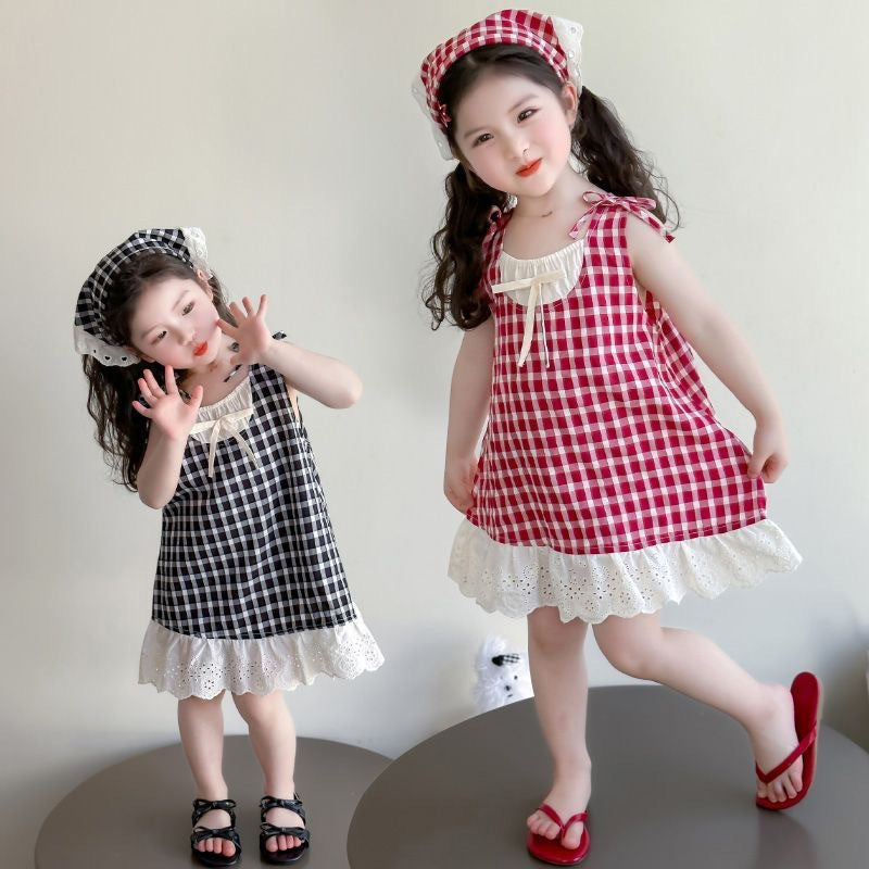 2025 New Summer Girls Girls Children's Sleeveless Lace Plaid Skirt Red Princess Foreign Style Dress Plaid