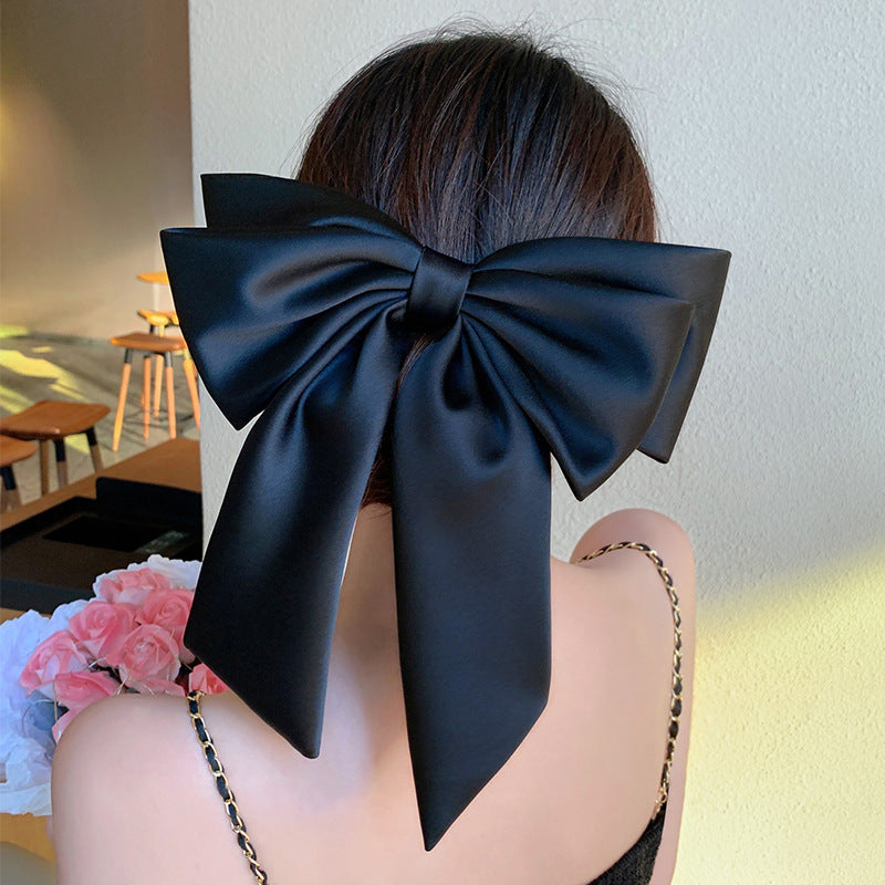 Satin big bow headdress, spring clip, high-quality black back of the head hairpin, hair ornament, hipster girl