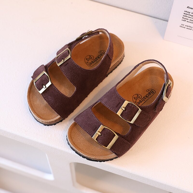Genuine leather children's Birkenstock sandals Korean version nubuck leather soft-soled baby sandals retro wooden Kang sole medium and large children's sandals