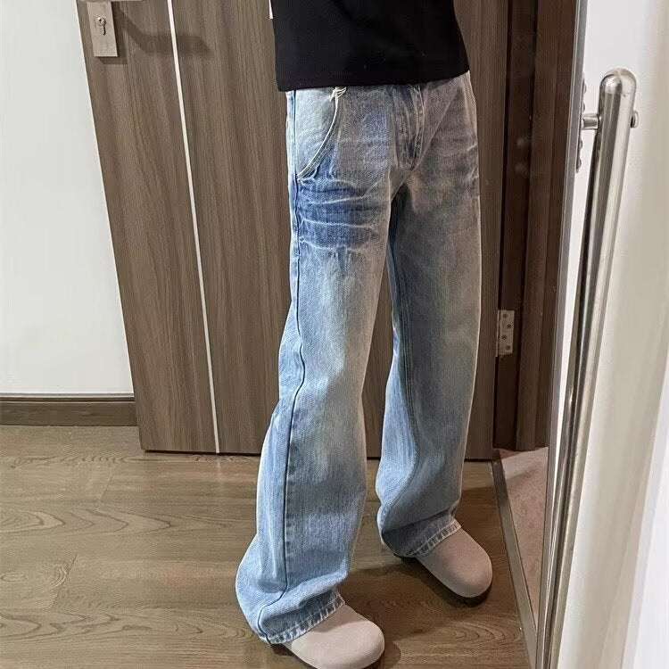 Niche crack design washed light blue jeans, men's American trend, casual and versatile, loose straight leg trousers