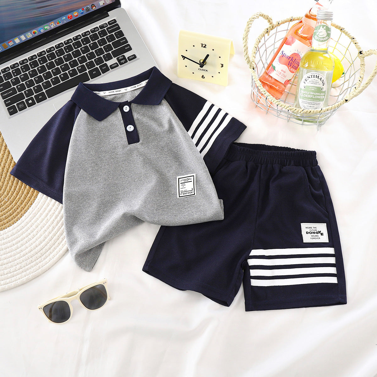 Children's Summer Short Sleeve Shorts Set 2025 New Medium and Large Kids Lapel T-Shirt Big Kids Children's Clothing Two Piece Set Wholesale