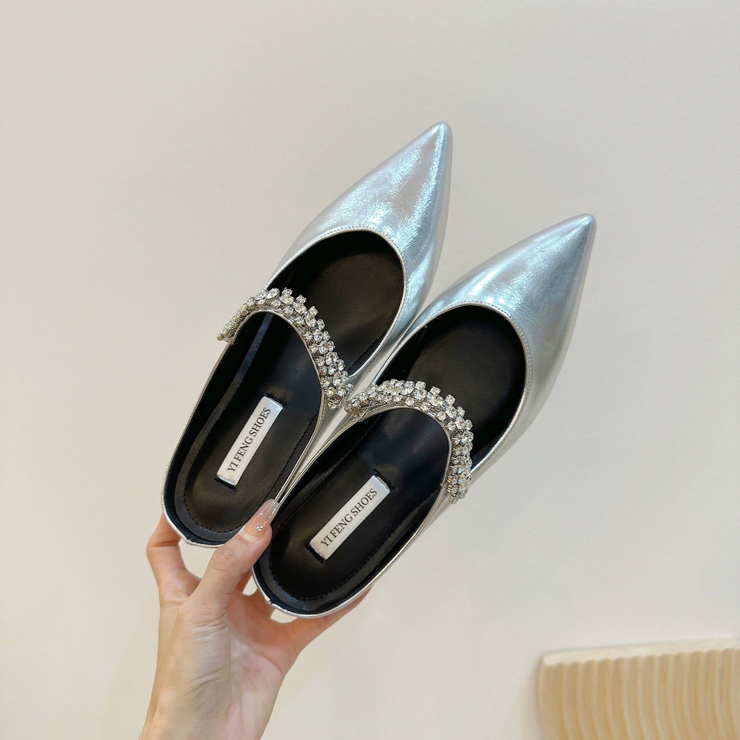 Lambskin ~ 5CM inner height increase half slippers women's summer wear pointed toe rhinestone silver mules toe toe sandals women