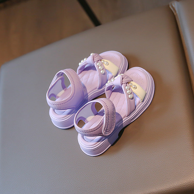 Girls Sandals 2024 Summer New Pearl Kids Shoes Summer Style Girls Foreign Princess Shoes Non-slip Beach Shoes