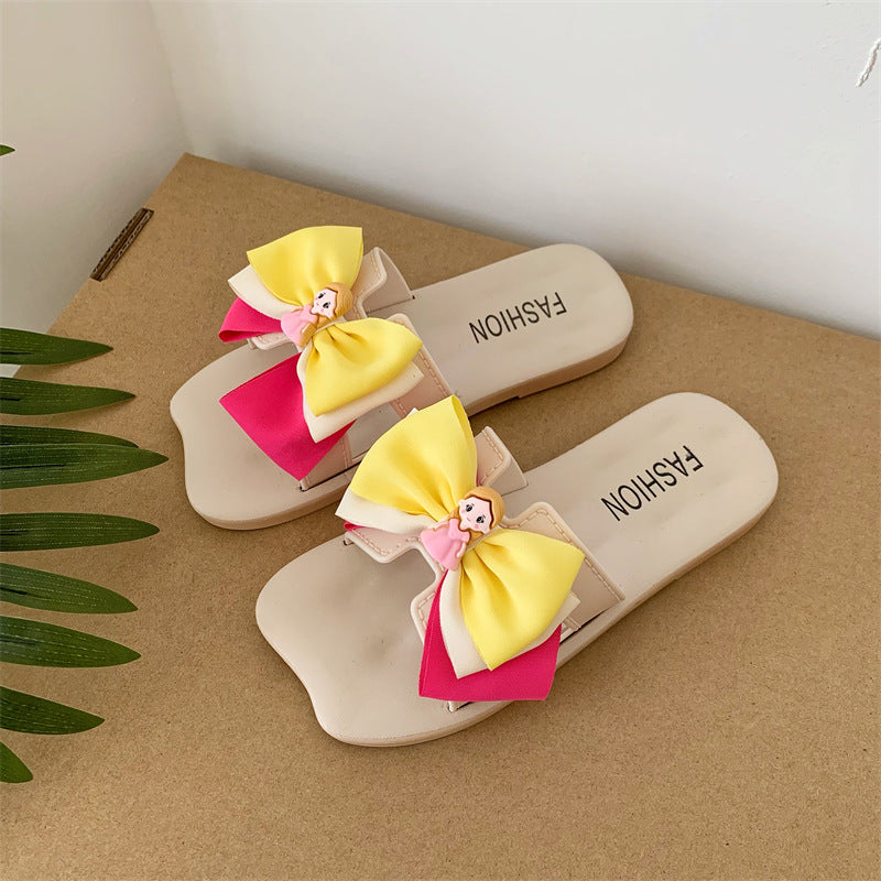 Summer Girls Slippers New Girls Breathable Princess Shoes Soft Sole Non Slip Bow Bow Kids Wear Beach Flip Flops Outside